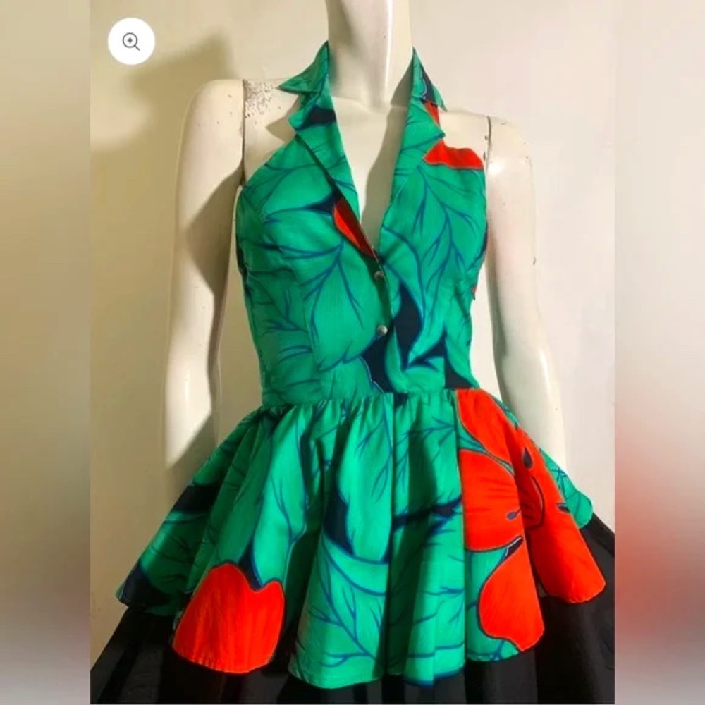 Vintage Fiorucci Halter Tropical Print Circle Skirt Peplum It 40 Designer